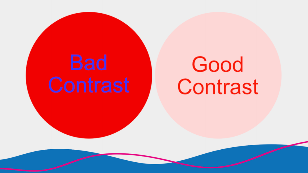 Image showing the difference between Good Contrast and Bad Contrast with different font colours and against different circle backgrounds