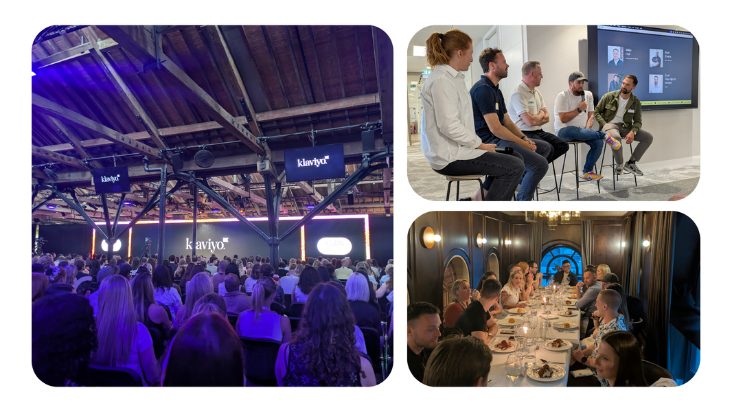 Collage of K:LDN from the perspective of Get Better. Image 1; Klaviyo headline talk. Image 2; Get Better on the Elite panel at the Klaviyo Platinum and Elite partner agency afternoon. Image 3; The Get Better x Klaviyo brand dinner at Piazza Italiana