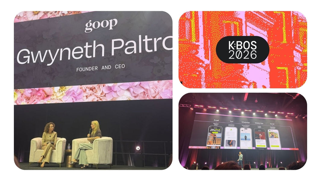 K:BOS 2026 collage: Gwyneth Paltrow with Klaviyo CMO Jamie Domenici, Boston skyline event artwork, and a Klaviyo roadmap talk.